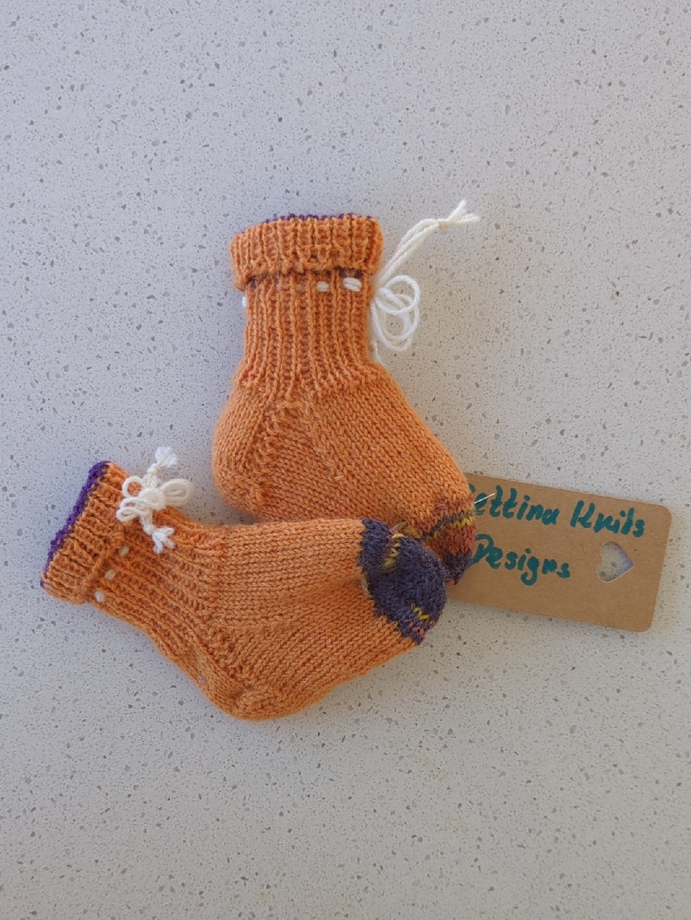 Hand-Knit Orange Baby Socks with Purple Toe Accent NWT